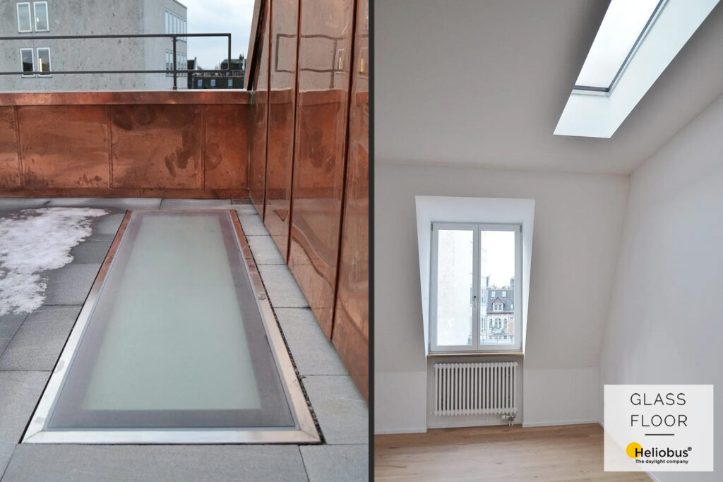 Aussen- und Innenansicht einer begehbare Glassfloor Tageslichtversorgung für den Essbereich einer Dachwohnung