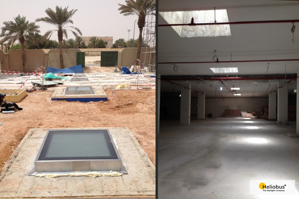 Exterior and interior view of underground parking garage in commercial building in Riyadh
